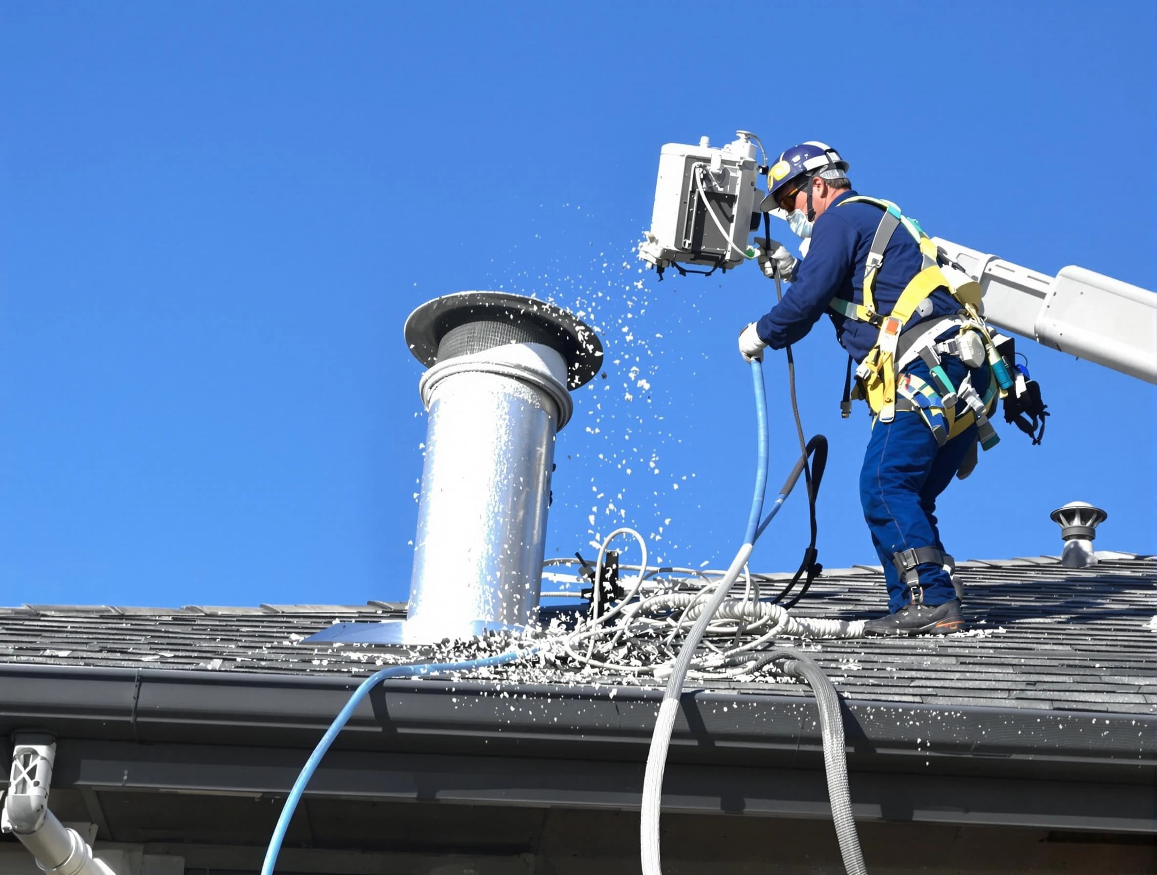 Peabody Dryer Vent Cleaning certified technician safely cleaning a roof-mounted dryer vent in Peabody