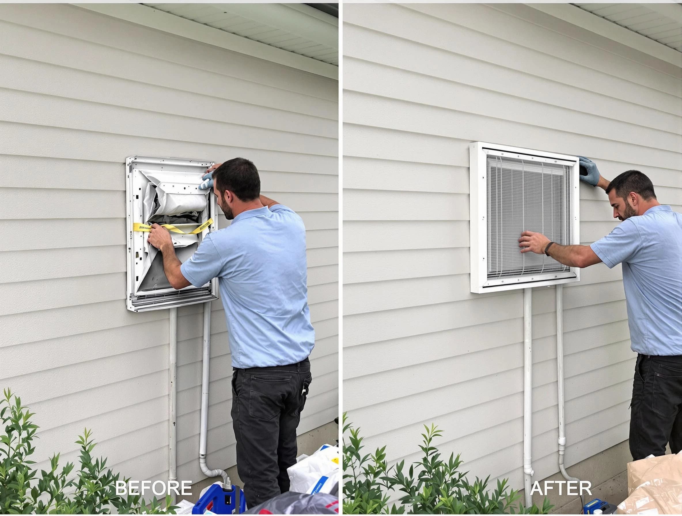 Peabody Dryer Vent Cleaning technician installing high-quality dryer vent cover at a residential property in Peabody