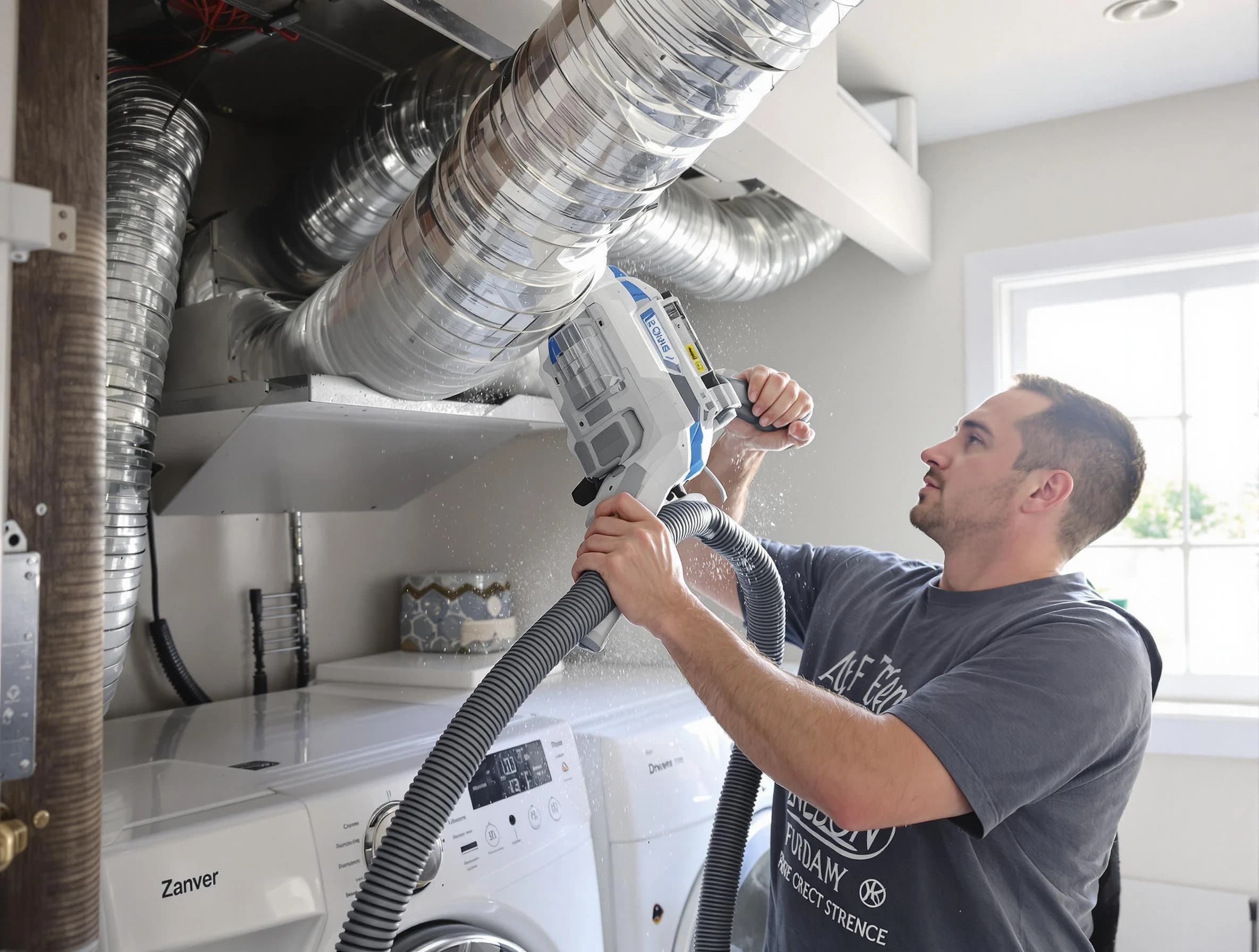 Peabody Dryer Vent Cleaning specialist cleaning deep within a dryer vent duct system in Peabody