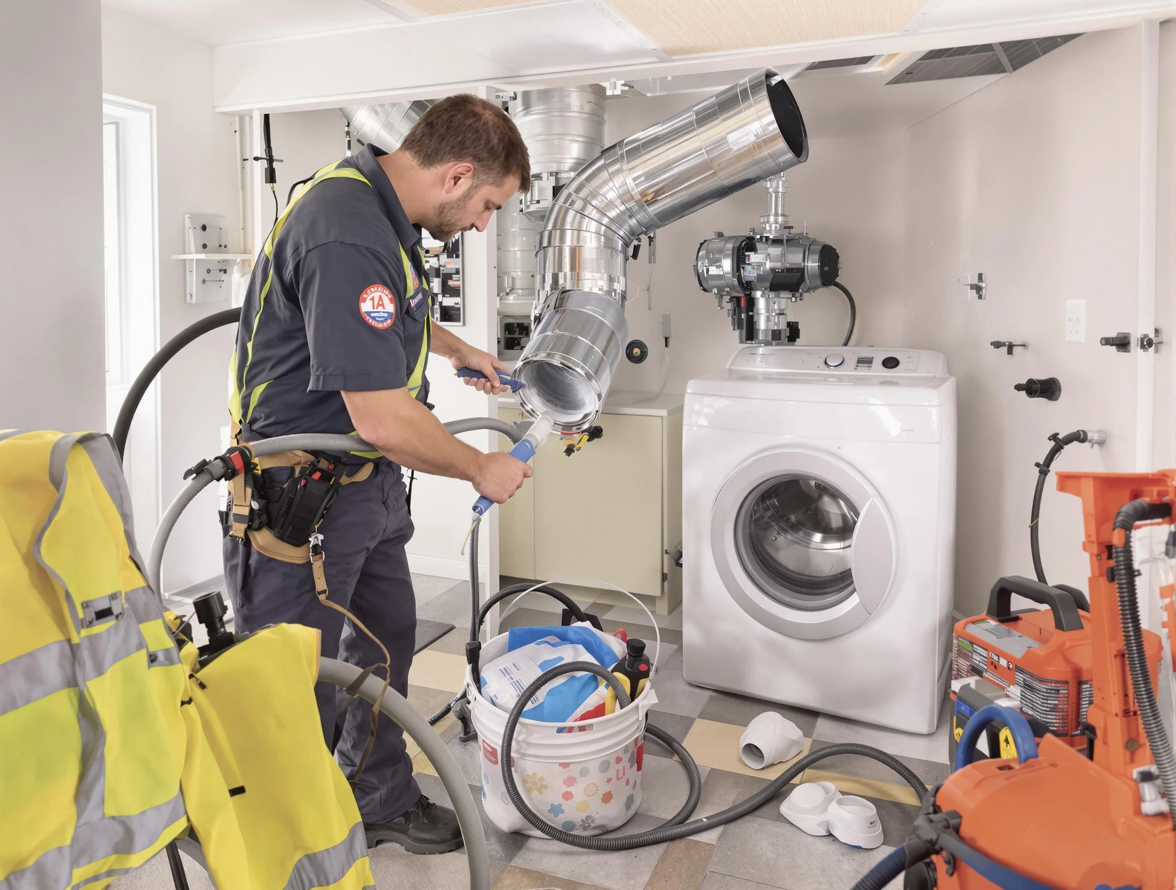 Peabody Dryer Vent Cleaning technician using specialized equipment to clear severe dryer vent blockage in Peabody
